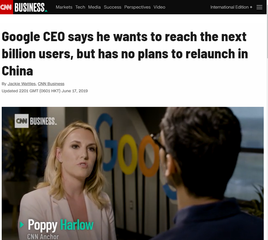Google CEO says he wants to reach the next billion users, but has no plans to relaunch in China